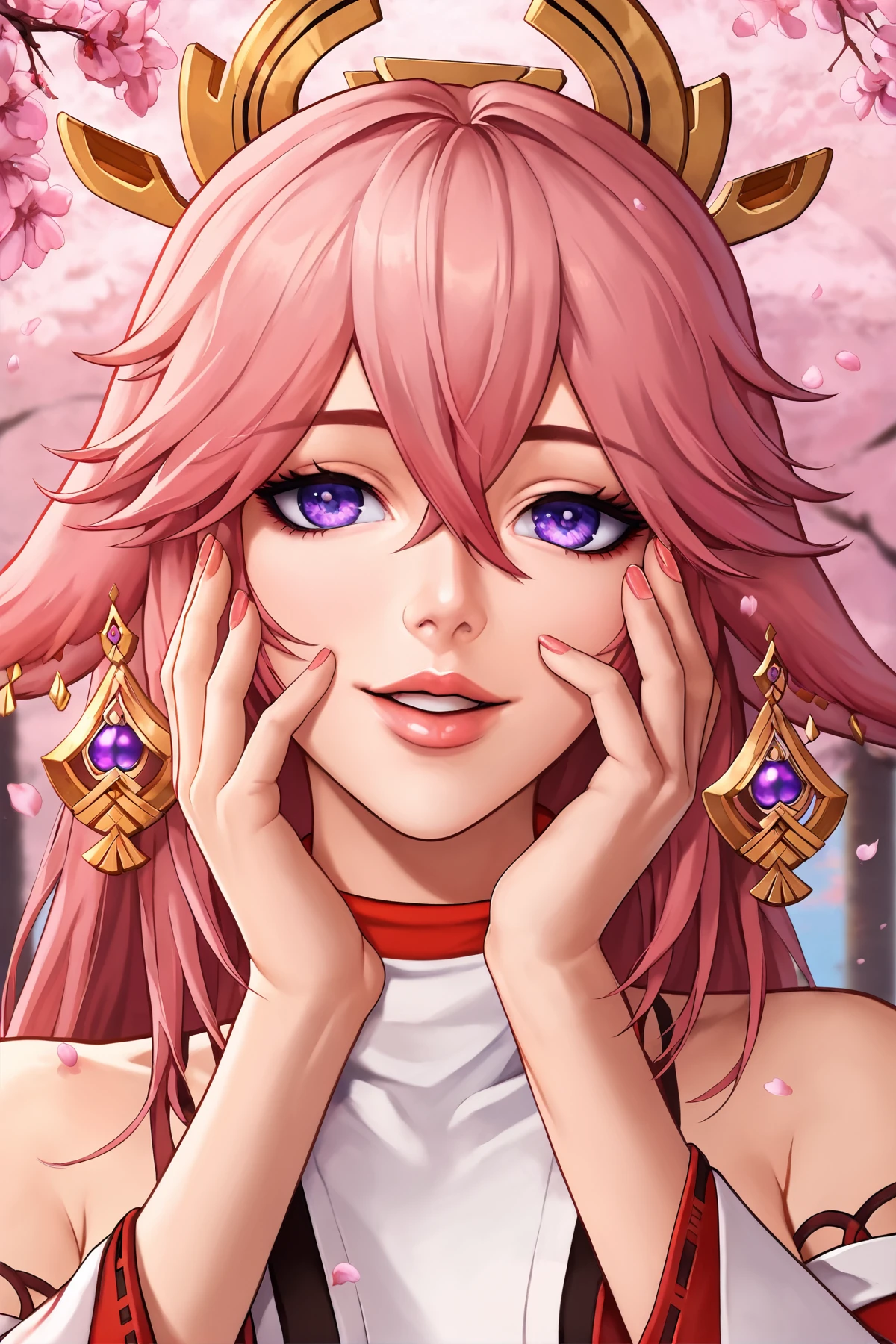 score_9,
<lora:yandere_trance_v1_lite:1>, yandere trance, close-up, parted lips, upper teeth only, lips, light smile,
yae miko,
cherry blossoms,
high resolution, Masterpiece, detailed