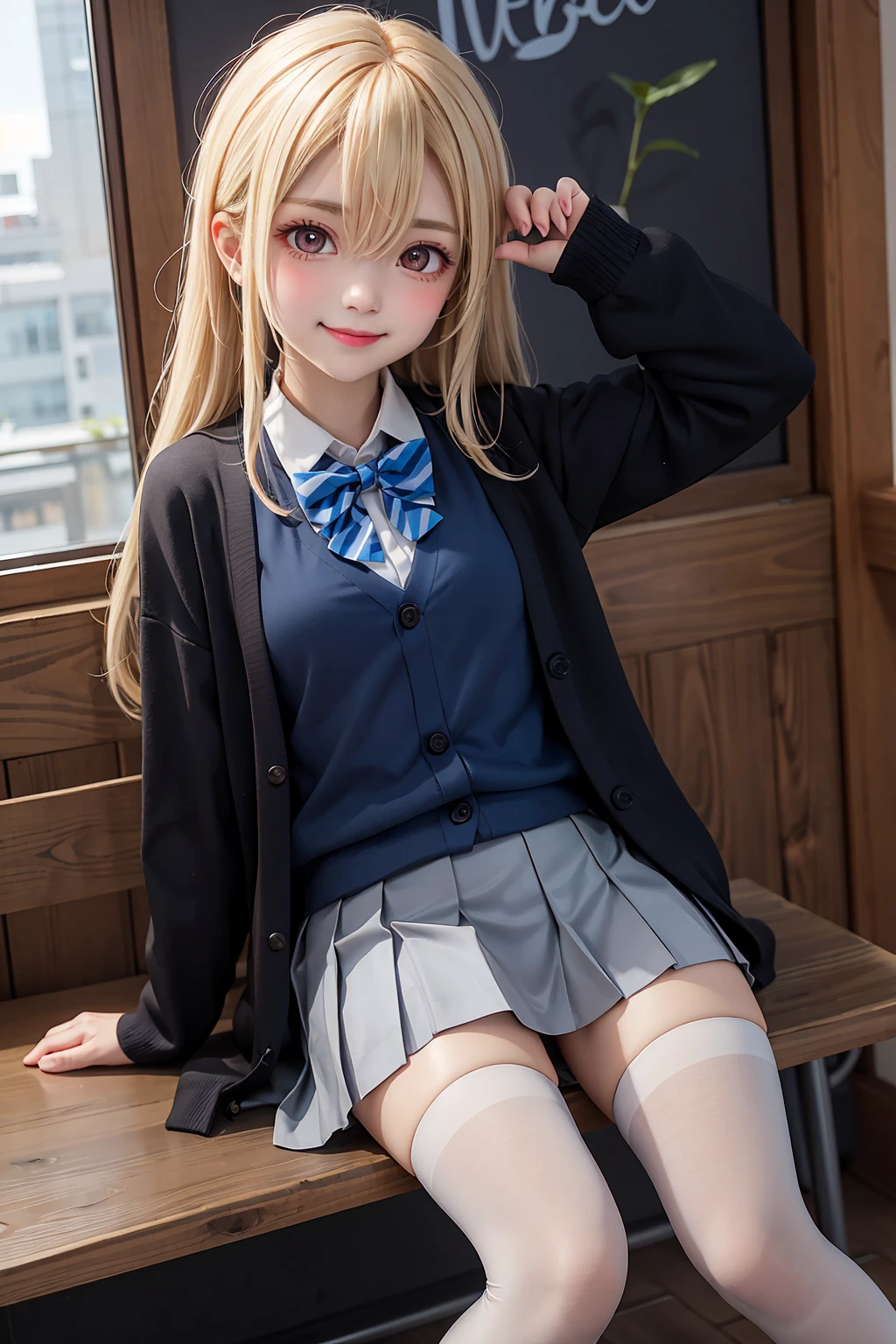 1girl,cute,kawaii,(blush),smile,
blonde hair,long hair,hair between eyes,red eyes,
school uniform,black cardigan,white shirt,collared shirt,long sleeves,blue bowtie,striped bowtie,grey skirt,pleated skirt,black pantyhose,brown footwear,loafers,
<lora:LiAmaV1:0.5>,