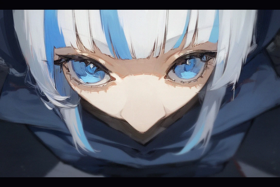 <lora:insanity-angle:1>, score_9, score_8_up, score_7_up, insanity-angle, 1girl, letterboxed, gawr gura, white hair, blunt bangs, blue eyes, streaked hair, blue hair, blue hoodie,