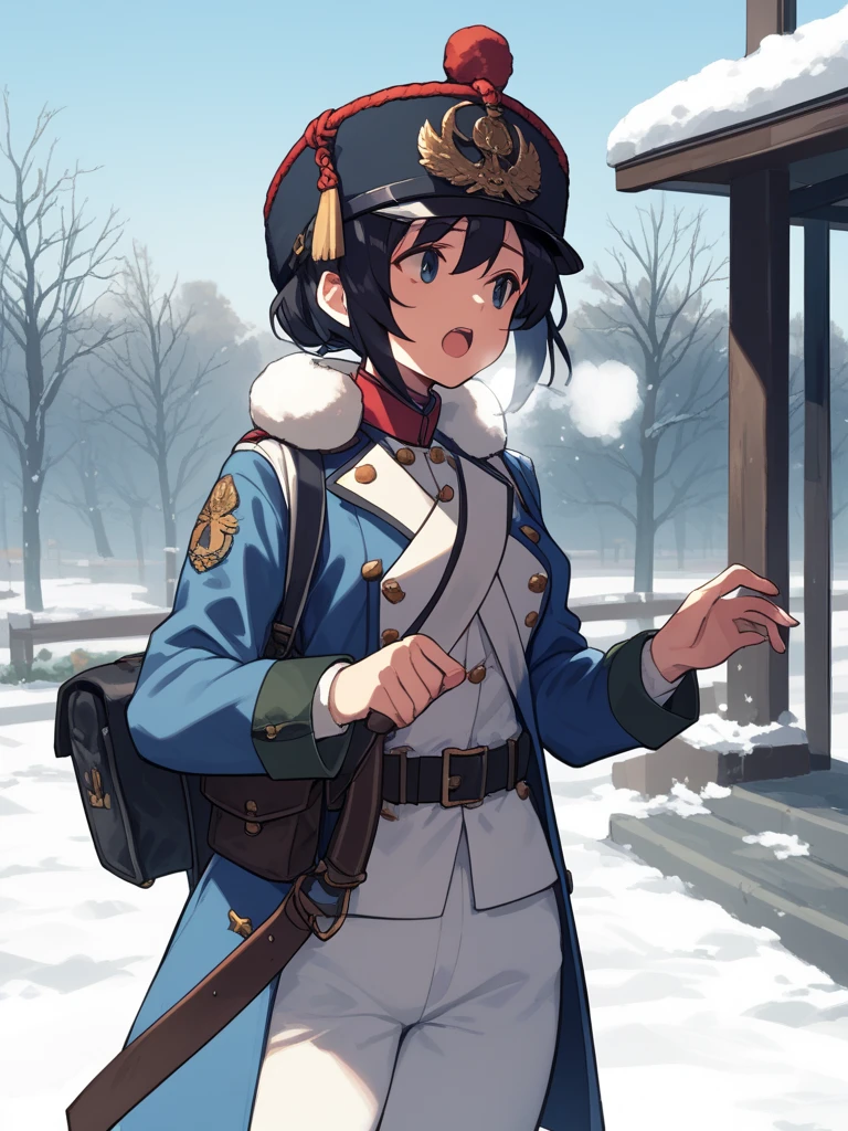 score_9,score_8_up,score_7_up,source_anime,rating_safe,<lora:em_soldier:0.8>,early modern soldier,1 girl,solo,upper body,belt,porch,long black hair,white pants,blue jacket,snow,long jacket,breath,open mouth,fur,sheath,