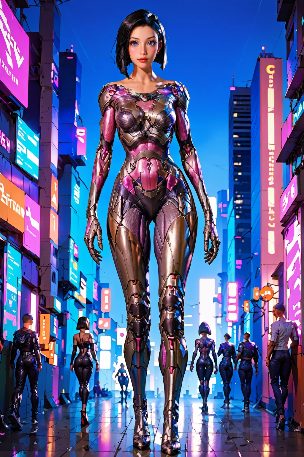 1girl, cyborg, high heels, stand, full body, cyberpunk, future city, Bob Cut, black hair, walking, masterpiece, best quelity, 8k,score_9, score_8_up, score_7_up,