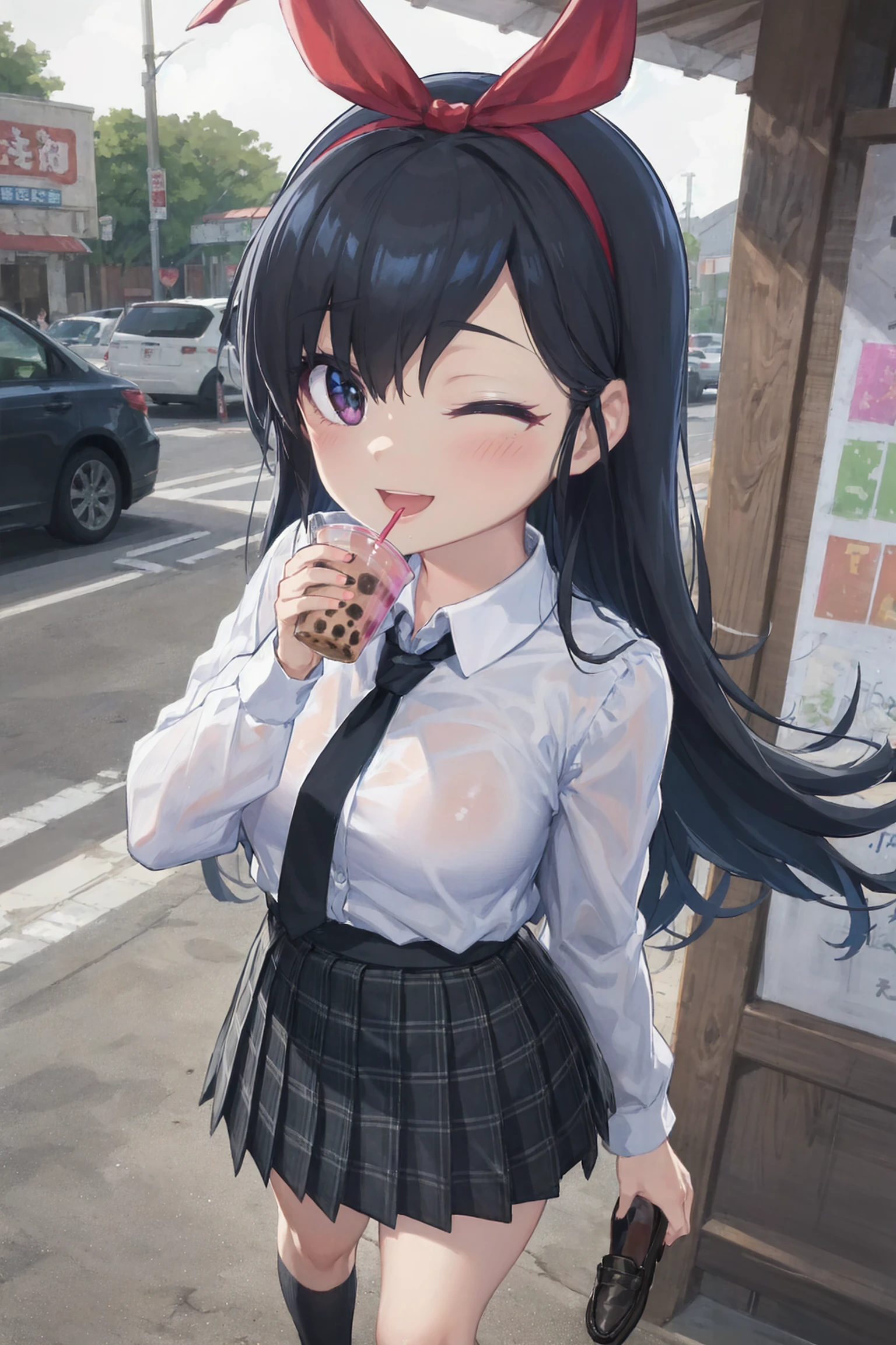 masterpiece, absurdres, high detail, 8k,
outdoors, yatai, bubble tea,
standing, holding cup, hand on own cheek, one eye closed, smile, open mouth,
solo, ira, ringed eyes, hcasual, bow hairband, red bow, white shirt, collared shirt, long sleeves, black necktie, plaid skirt, pleated skirt, black socks, loafers
<lora:MGCM-ira(mei)-t1-000090:0.7>