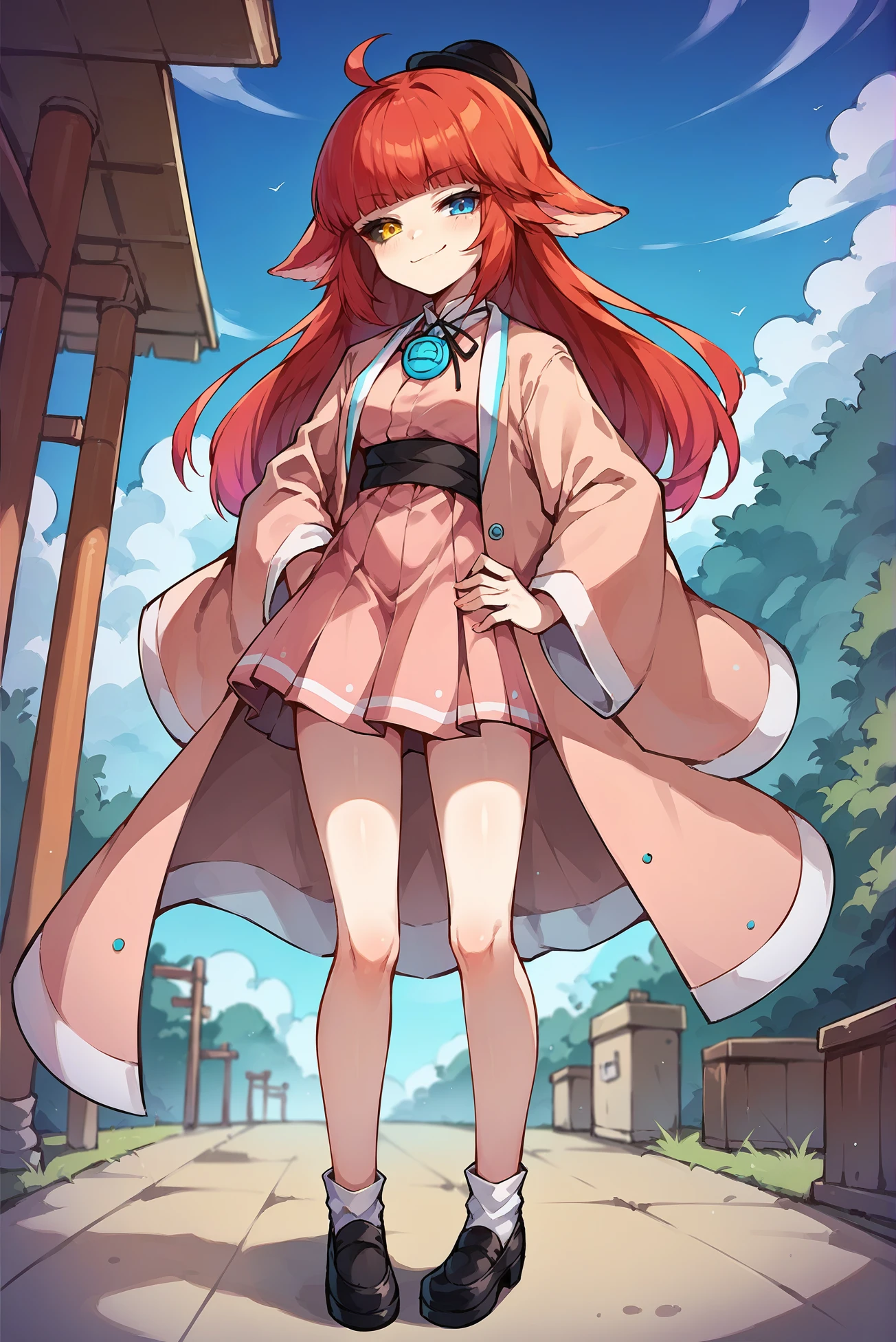 score_9,score_8_up,score_7_up,score_6_up, source anime, 1girl, slender, solo, ms kaling, <lora:KalingXL_V1:0.8>, (smirk), (heterochromia, yellow eyes, blue eyes, colored sclera, long hair, red hair, small breasts, ahoge), (japanese clothes, pink dress, bare legs, hat, pleated dress, socks), (black shoes:1.4), (looking at viewer, full body, standing, hand on own hip:1.2), outdoors, day, sky, (anime coloring, blunt bangs, jewelry, neck ribbon, coat:1.2)