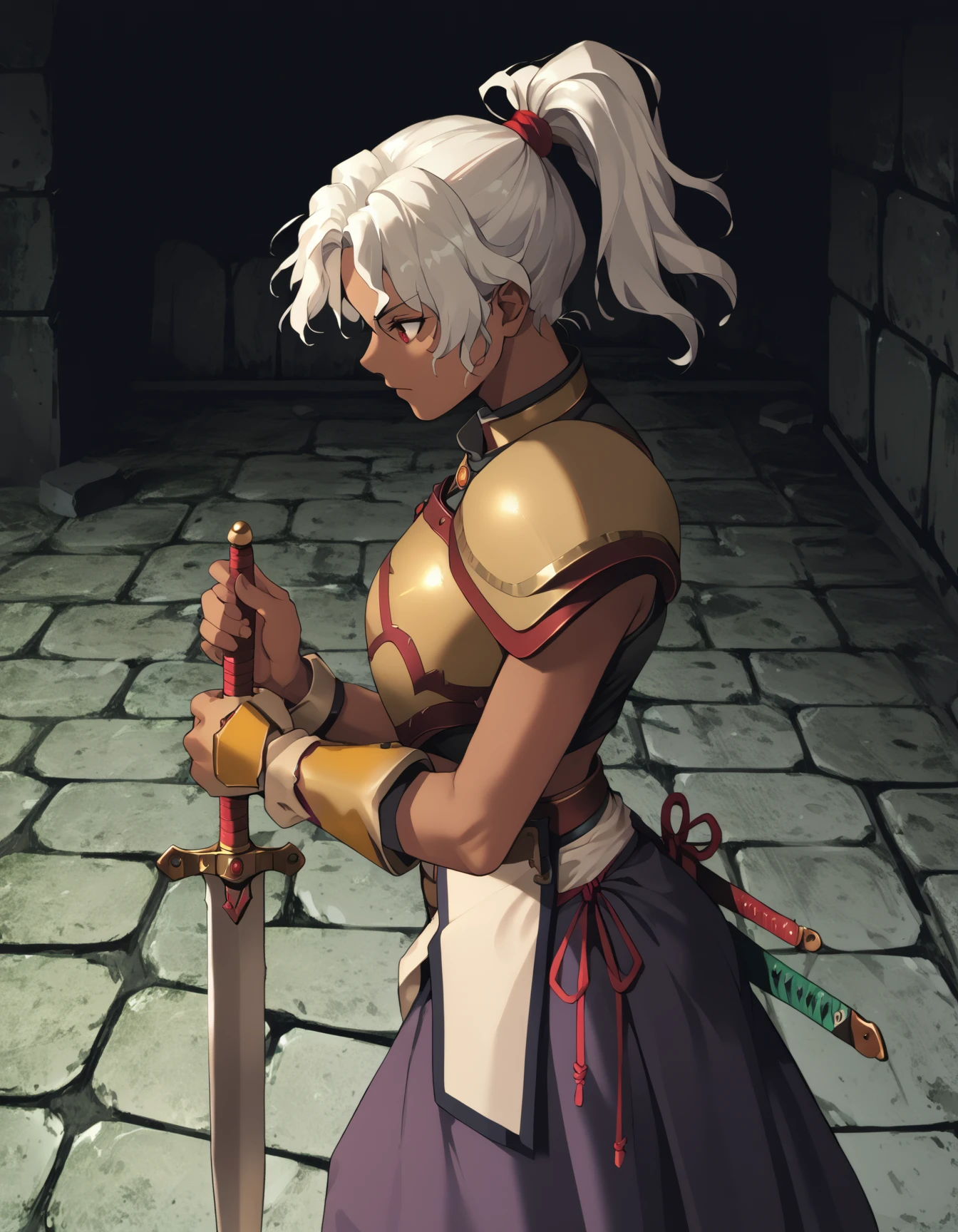 score_9, score_8_up, score_7_up <lora:rita-ponyxl-000025:1> wwrita, red eyes, white hair, ponytail, dark-skinned female, shoulder armor, breastplate, navel, purple skirt,
dungeon, from side, holding sword, solo, stone floor, stone walkway, unsheathed, upper body