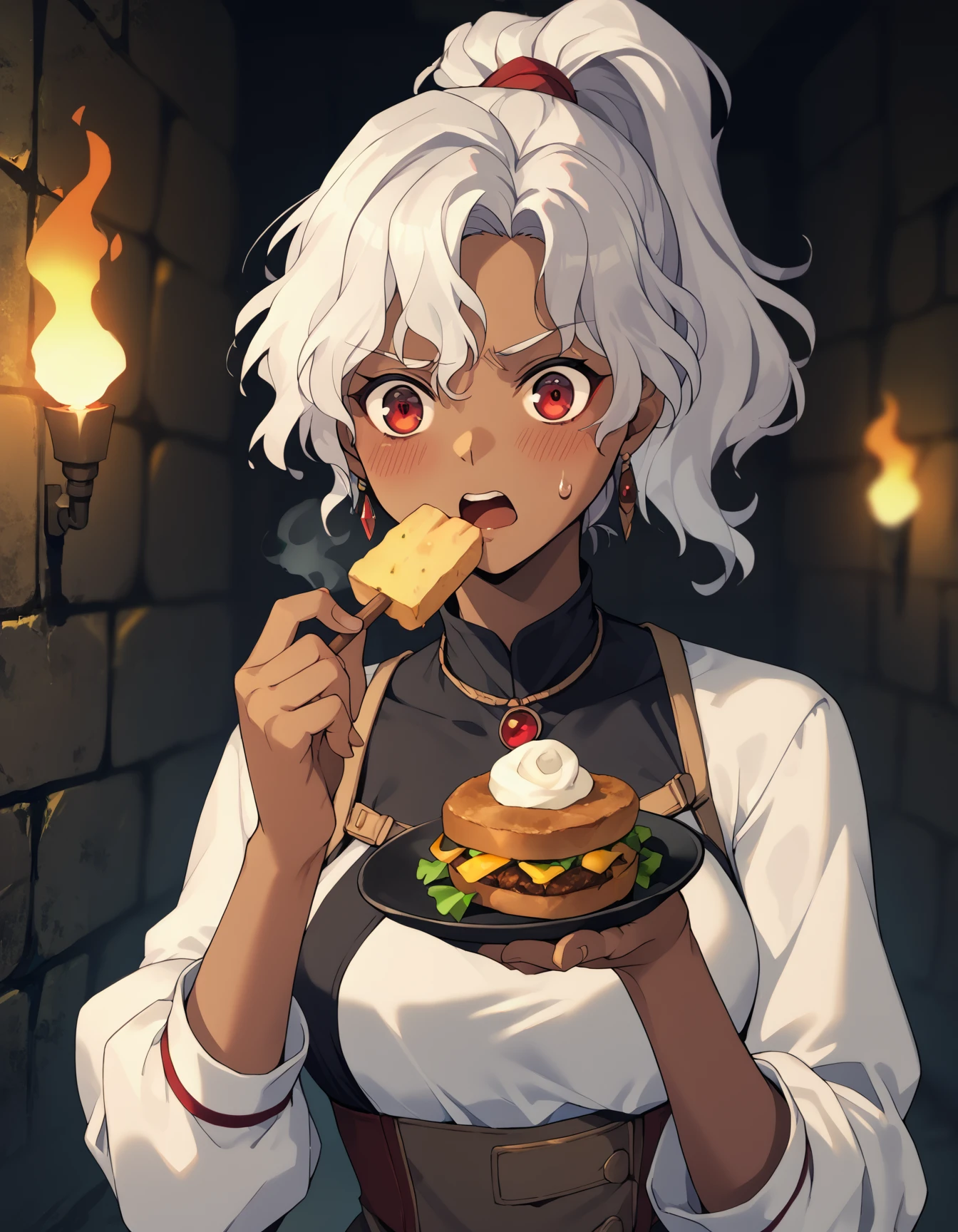 score_9, score_8_up, score_7_up <lora:rita-ponyxl-000025:1> wwrita, red eyes, white hair, ponytail, dark-skinned female, fashion,
1girl, blush, depth of field, dungeon, eating, frown, hand up, holding utensil, looking at food, open mouth, solo, steam, sweatdrop, torch, upper body