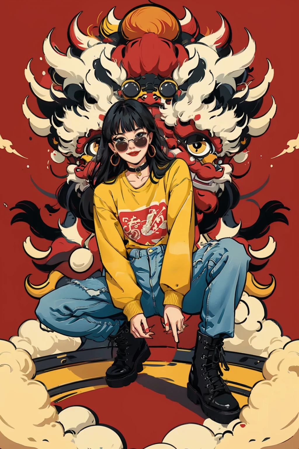 ((masterpiece)), best quality, perfect anatomy,8K wallpaper,
mChinaChic, 1girl, solo, black hair, black footwear, long hair, red lips, sunglasses, cloud, looking at viewer, hand on head, lion dance, hoop earrings, arms on knees,black boots, smile, bangs, sun, choker, blush, squatting on chinese drum, yellow shirt,sleeves past wrists, blunt bangs, wide shot, full body, jeans,red background,
<lora:mChinaChic_v1:0.8>