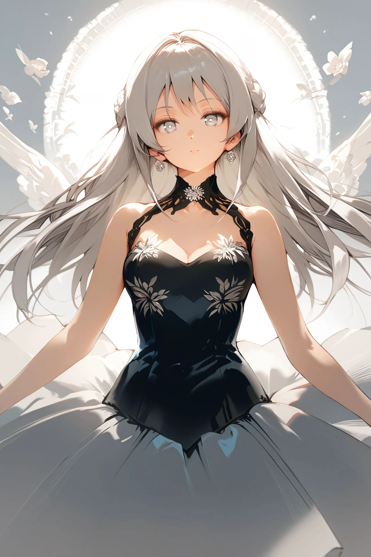 score_9, score_8_up, score_7_up, 1girl, kubrick_stare, looking at viewer, silver hair, textured_bangs, multi-tied_hair, white eyes, breasts, formal wear, aiguillette, spread arms, beautiful background, <lora:Anmi_PonyXL_style_v01:1>