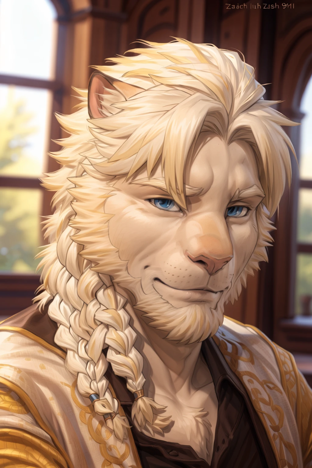 <lora:astosis-09:1>, astosis, male, looking at viewer, blue eyes, (two tone hair:1.2), (pinup), (pose), (soft shading), 4k, hi res, ((detailed face, detailed)), by zackarry911, by zaush, (by personalami:0.5), portrait, looking at viewer, face focus, smile, front view, (icon:1.2), braids, white hair, blonde hair,