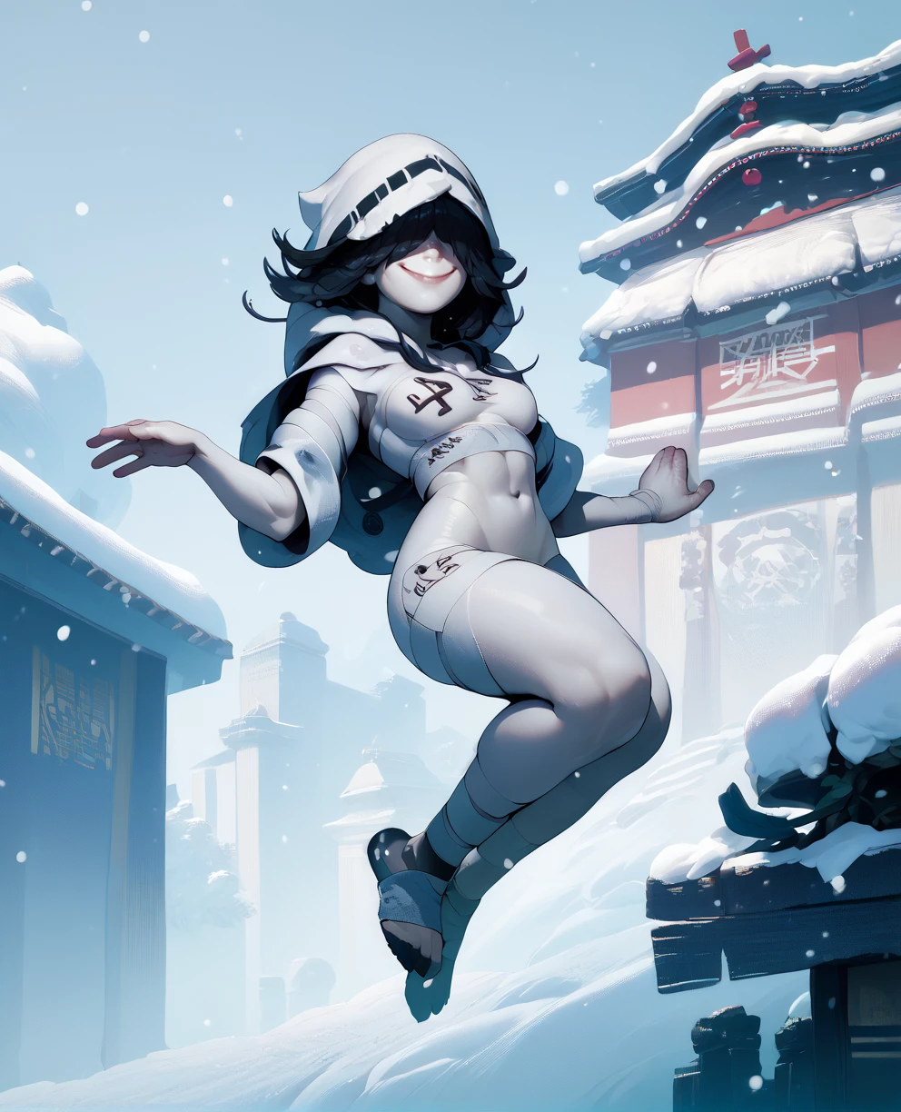 score_9,score_8_up,score_7_up,score_6_up,
flboltxl,pale skin,black hair,hair over eyes,
white bandages,navel,hood,chest sarashi,
smile, floating,  
snow,temple,<lora:FlyingBolt:1>,