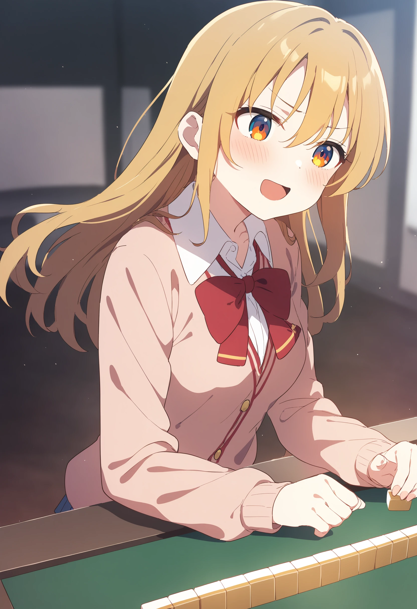 1girl,sincos, ningen mame, toosaka asagi,solo,medium breasts,school uniform,
mahjong, mahjong tile, mahjong table, board game, playing games,<lora:mahjong_XL_v1:1.0>
from above, wide shot, looking to the side, evil smile, open mouth,blonde hair, golden eyes,
best quality, very aesthetic, absurdres,