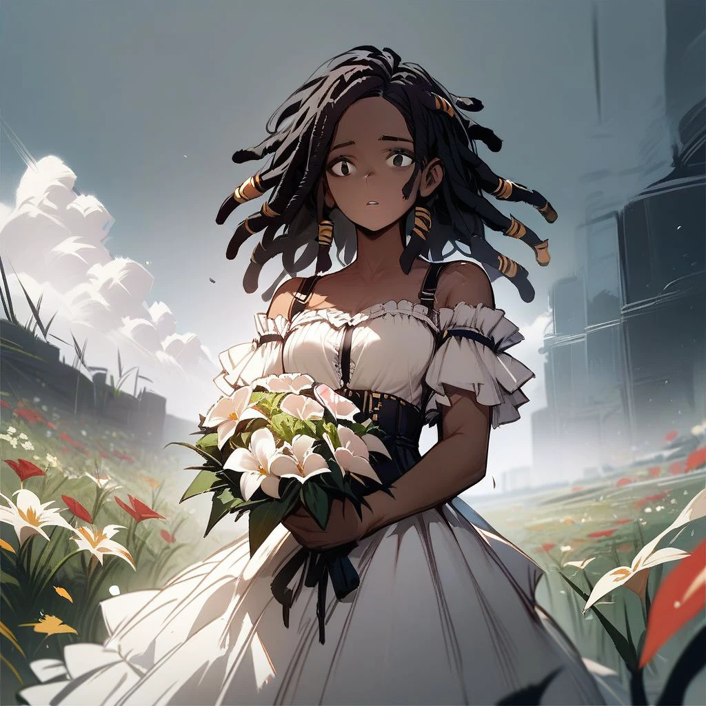 score_9,score_8_up,score_7_up,score_6_up,score_5_up,score_4_up, solo, 1girl, solo, outdoors, sky, parted lips, dark skin, black hair, dreadlocks, flowers, holding, holding bouquet, dress, off-shoulder, frills, cloud