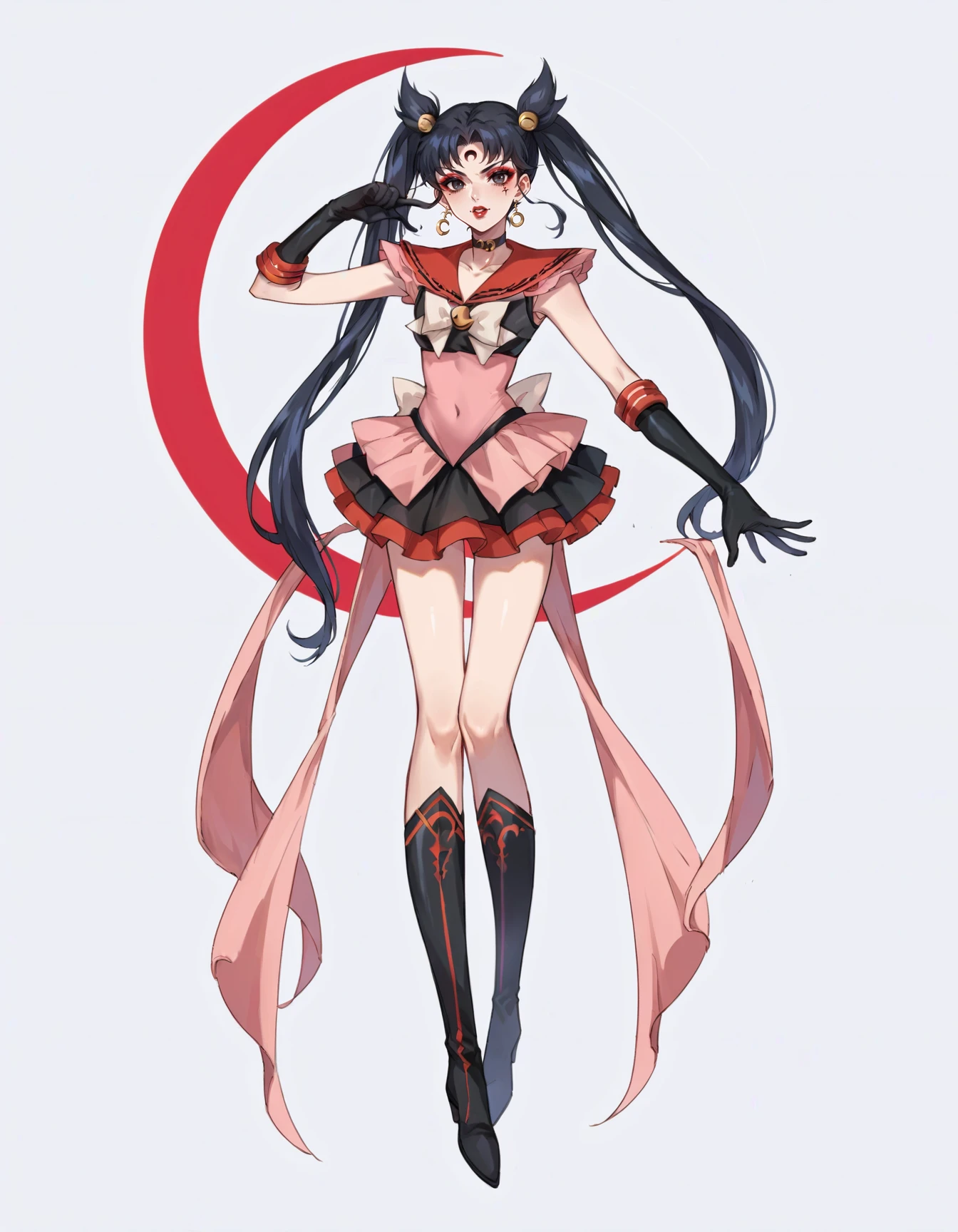 score_9, score_8_up, score_7_up, score_6_up, score_5_up, score_4_up, BREAK source_anime, <lora:EvlSM:0.7>, EvlSM, long legs, crescent, crescent facial mark, makeup, lipstick, mascara, eyeshadow, magical girl, boots, twin tails