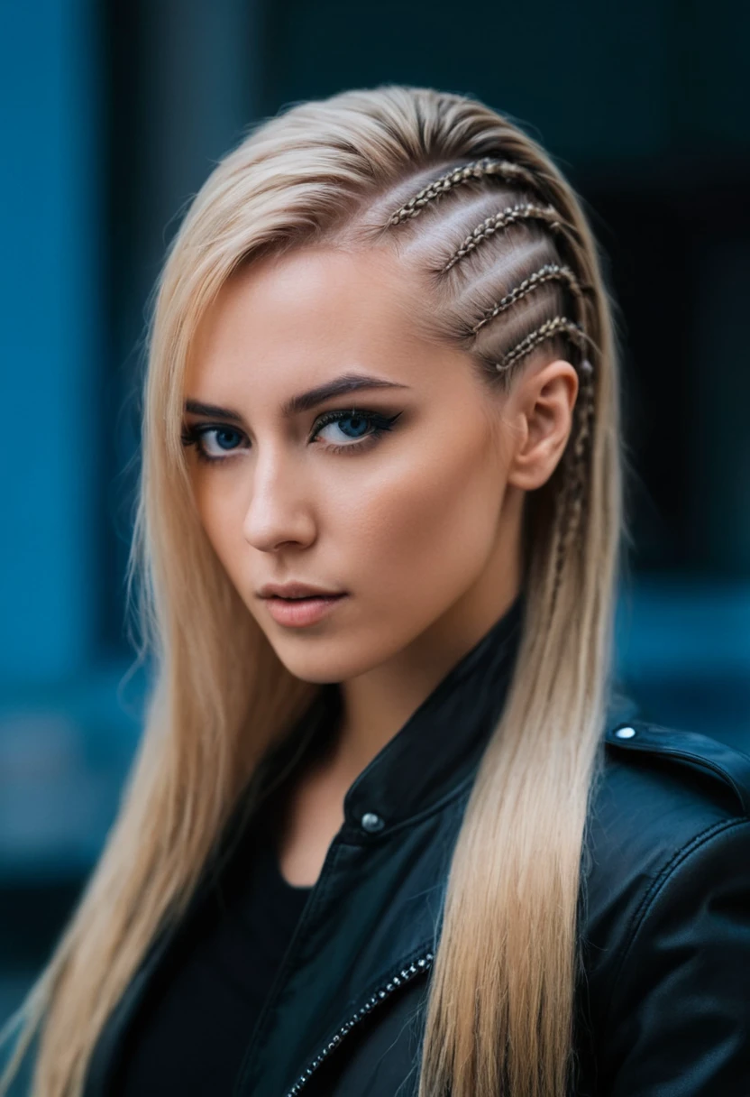 cinematic film still of extremely badass badass woman Fjord Raider, portrait, braided sides, Jet Black hair Quiff, posing, looking at viewer, analog photo, model face, 22 years old, (sidecut:0.7),Strong Keylight with Hard Shadows, blurry background