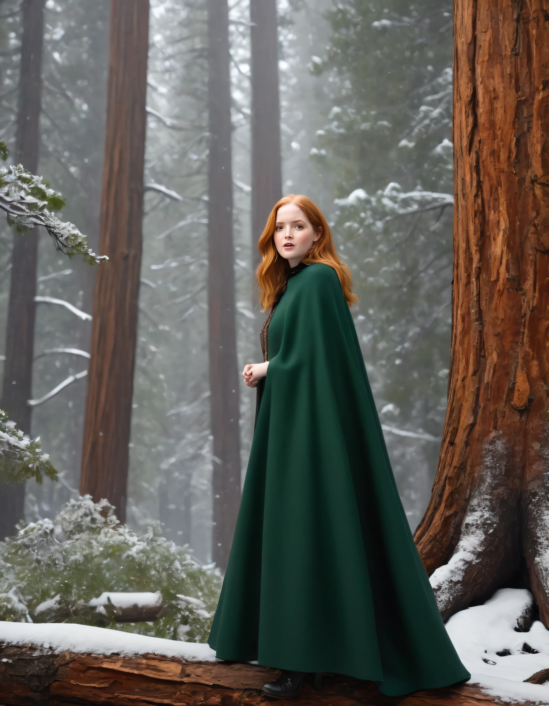 In the hushed whispers of snowfall, Ellie Bamber stood poised within a winter forest clearing near Yosemite National Park in California where towering evergreens were dusted with white and pine needles perfumed the air; she wore a sophisticated woolen cape-dress featuring deep forest greens and earthen browns, reflecting her serene connection to nature, as she assumed an introspective pose with one hand resting on gnarled tree bark while her other arm was elegantly extended towards the majestic winter sky above. <lora:njyozv18f1bdf8720x42:1>