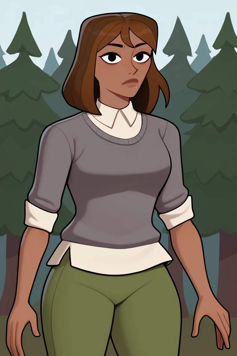 score_9, <lora:jamesab-guy-PONYv1:1>, 1girl, solo, <lora:courtneytd-guy-PONYv1:0.95> courtneytd, dark skin, freckles, grey shirt, collard shirt, sweater, sleeves rolled up, green pants, forest, thighs,