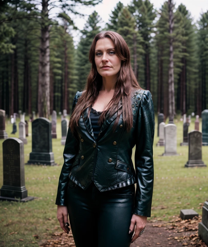 cinematic photo  <lora:quiron_FloorJansen_v5_Lora:0.87>  quiron_FloorJansen, 1girl, realistic, , looking at viewer,   at Cursed Cemetery, . 35mm photograph, film, bokeh, professional, 4k, highly detailed