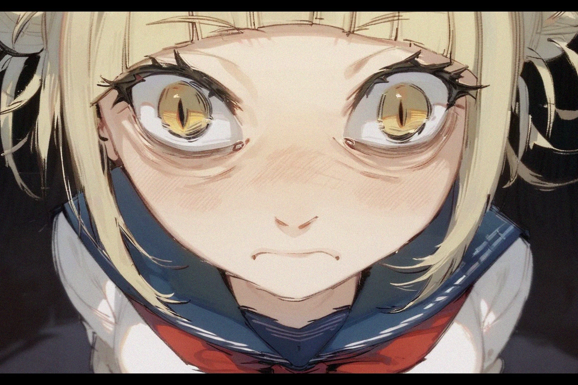 <lora:insanity-angle:1>, score_9, score_8_up, score_7_up, insanity-angle, 1girl, letterboxed, toga himiko, blonde hair, short hair, sidelocks, slit pupils, yellow eyes, blue sailor collar, double bun, messy hair, red neckerchief, serafuku, blush,