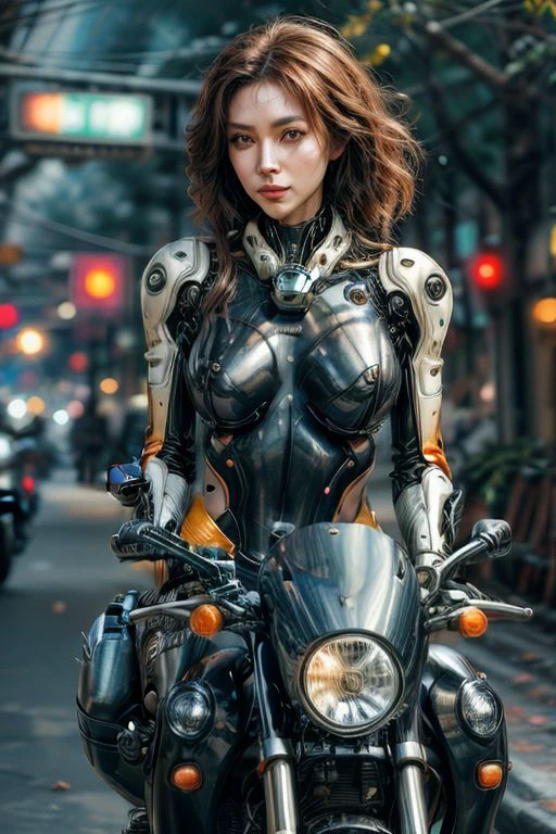 excellent image focus,artificial intelligence,in a robotic body,the robotic parts are shiny and shiny,(full-length),fulfills the function of personal security, beautiful face,smooth and proportionate face, glossy and shiny,sparks in the eyes, sexy expression,weapon ((pistol)), rifle, submachine gun, machine gun,driving a (motorcycle) through the streets of a densely populated city