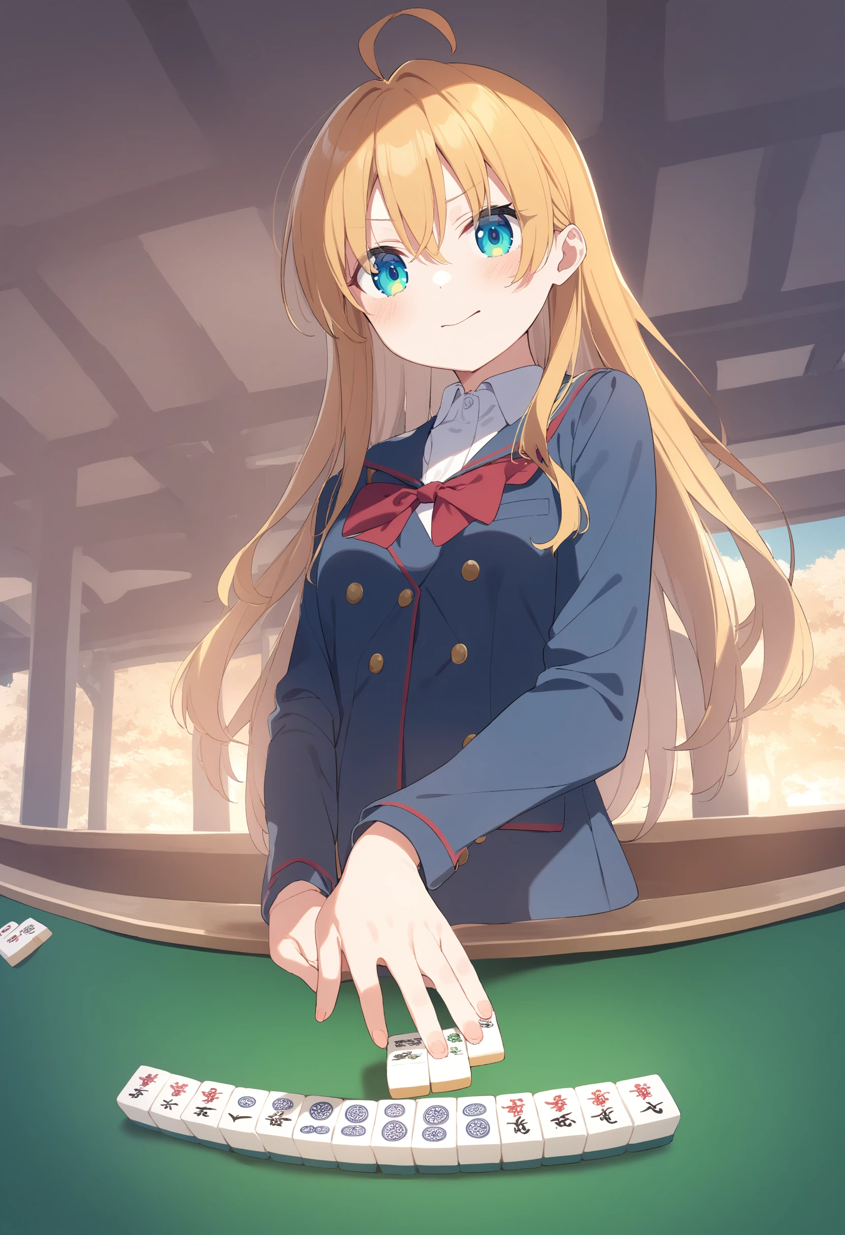 1girl,sincos, ningen mame, toosaka asagi,solo,medium breasts,school uniform,
mahjong, mahjong tile, mahjong table, board game, playing games,<lora:mahjong_XL_v1:1.0>
from behind, full body, looking to the side, happy, closed mouth,blonde hair, aqua eyes,
best quality, very aesthetic, absurdres,