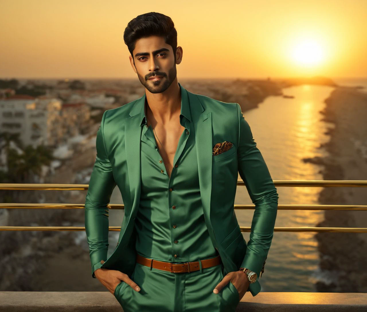 Nautical-themed (Photo:1.3) of (Ultrarealistic:1.3) <lora:Man_Men_FFashion:1> Sacha Dhawan a man <lora:Rishabh-Jaiswal_Sacha-Dhawan:0.75> in a green suit standing on a balcony, handsome man, attractive man, handsome male, sun behind him, inspired by Pablo Munoz Gomez, shot at golden hour, editorial photograph, midshot of a hunky, by Roman Bezpalkiv, by Artur Tarnowski, maxim sukharev, by Gabor Szikszai,Highly Detailed,(Mono Color:1.3) . Sea, ocean, ships, maritime, beach, marine life, highly detailed