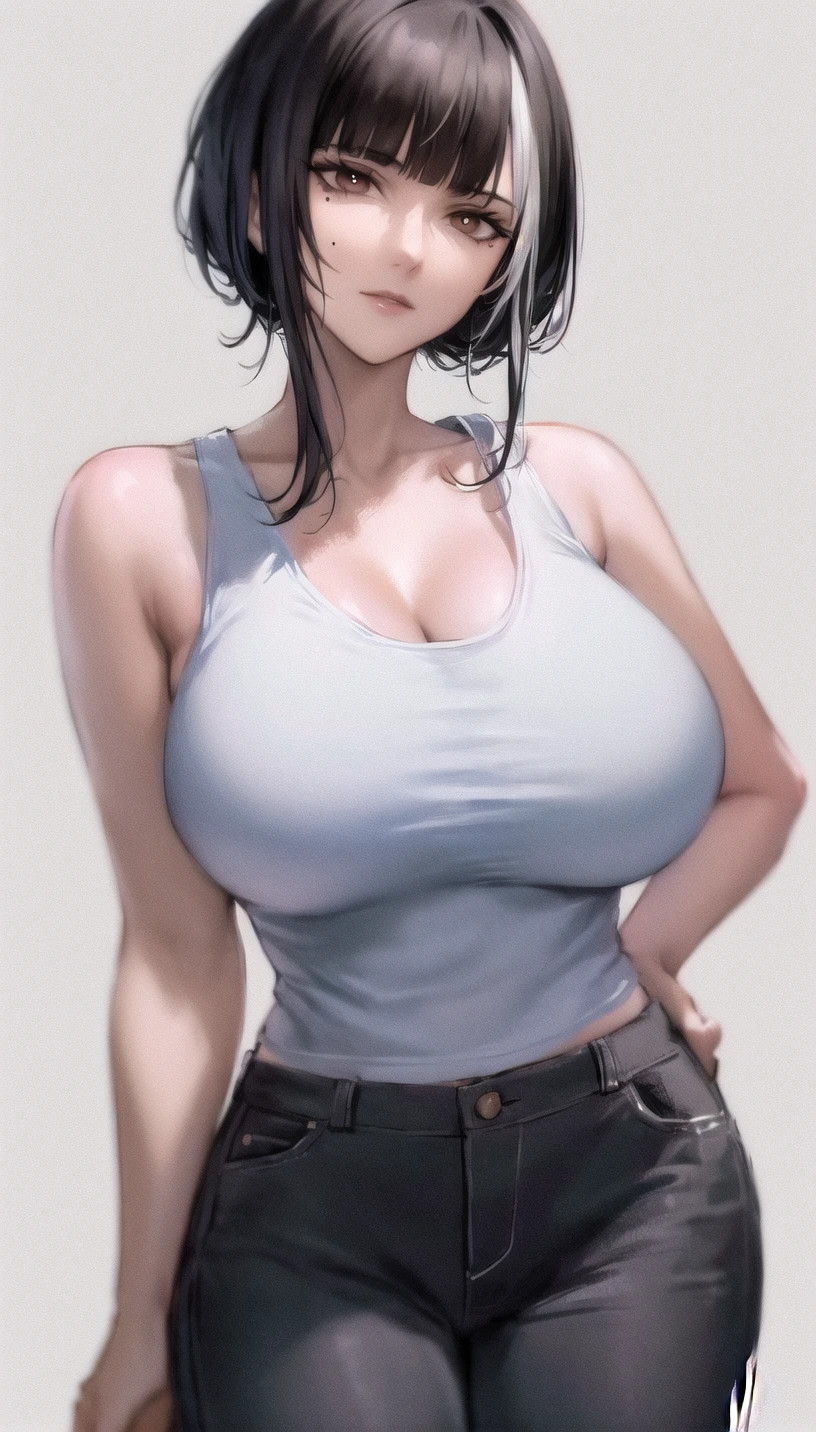 mole under eye,short hair-hairstyle,
(tank top:1.28), 
lady,mature female, cowboy shot,
(white background,simple background:1.18),
highres,official art,original,masterpiece,best quality,
(huge breasts:0.8),
<lora:Sumire6:0.8>