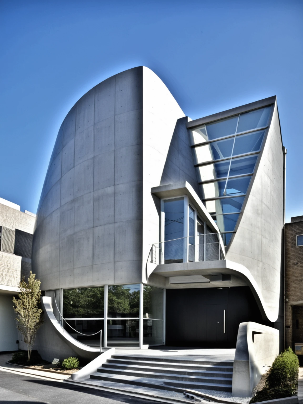 <lora:JJsConcreteArchitecture_XL:1>, ((Concrete Architecture)), , ((masterpiece)), ((best quality)), real world location, realistic, high detailed, (outdoor) , dramatic lighting, no human, ((full building)), curvy wall, road, window, day time, canopy, stair,door,
center composition,paving, sidewalk, bush, perspective,
