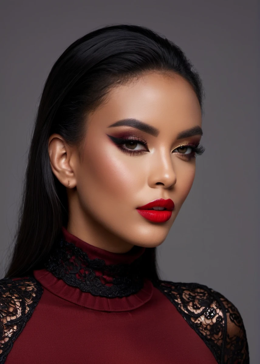 fashion editorial style, half body of A captivating masterpiece of an woman, (((dressed in a turtleneck Blouse))), The intricate lace and gold details exude a very rebellious aura. ((A bold and daring makeup look featuring ombre lips that transition from a deep, dark red at the center to a glossy black at the outer edges. The lips are expertly lined and filled in with precision, creating a gradient effect that is both edgy and sophisticated)). ((The use of high-shine gloss adds a touch of glamour and dimension to the look)), ((while the deep red and black hues give it a dramatic, vampy vibe)), low-key photography:1.3, one rim side light, narrow lighting, only one light source, facing camera, shallow depth of field, high fashion, trendy, stylish, editorial, magazine style, professional, highly detailed, 8K, <lora:MS_SamanthaCruuz_V1_SDXL:0.8>