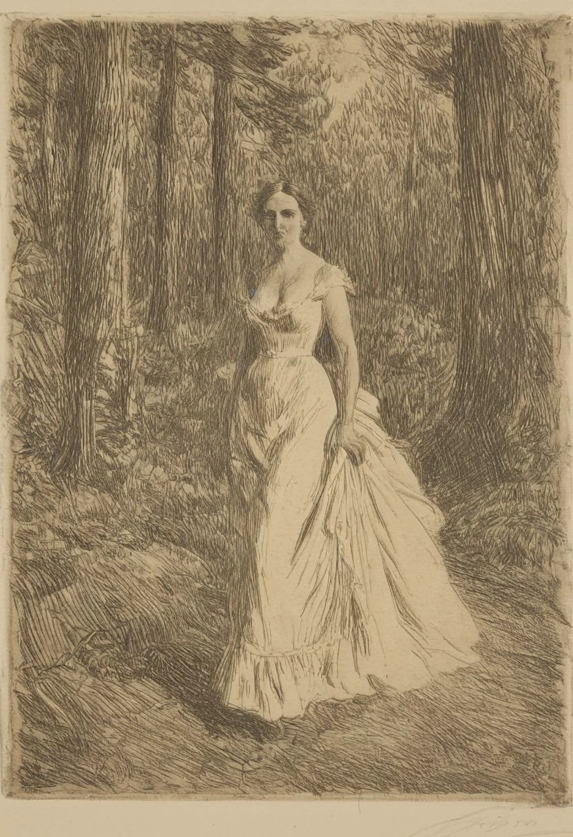 Attractive tall wife portrait with dress walking at the forest, etching