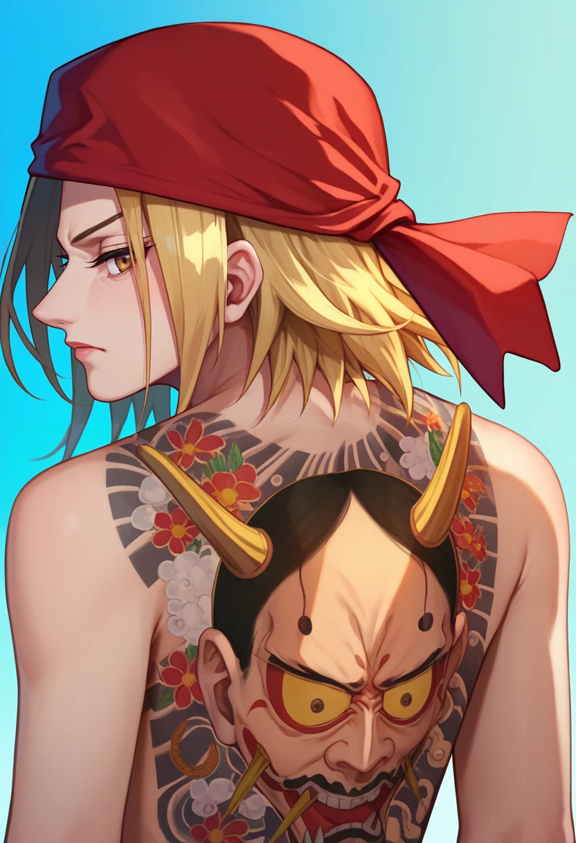 score_9, score_8_up, score_7_up, hannya tattoo, back tattoo, 1girl, <lora:Hannya tattoo-000008:1> <lora:Anna kyouyama:1> kyouyama anna, blonde hair, short hair, brown eyes, red bandana,