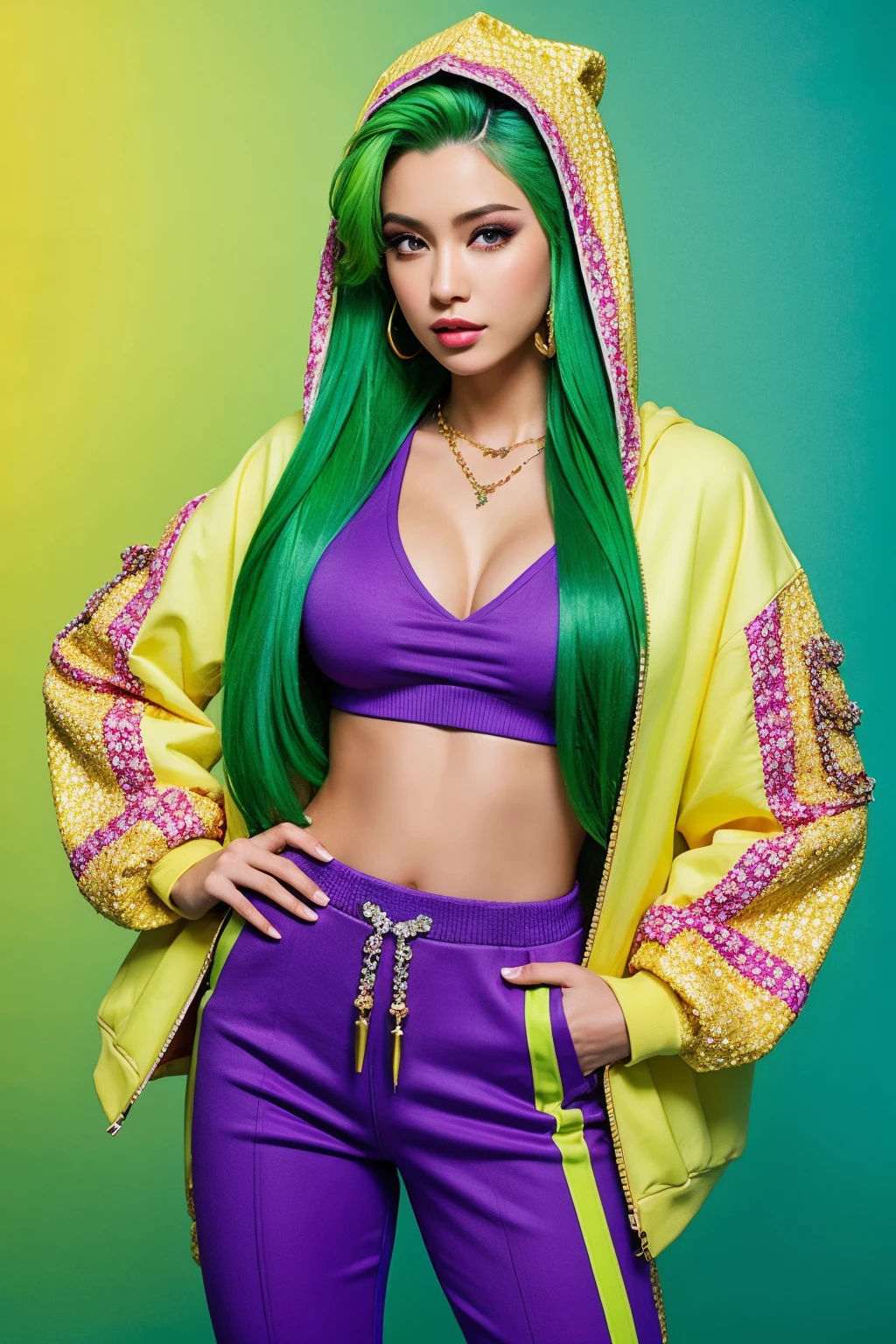 hyper realistic, masterpiece, best quality, ultra detailed, photorealistic, 1girl, hip-hop, large hoodie, purple hoodie, hot pants, diamond necklace, diamond earrings, green hair simple background