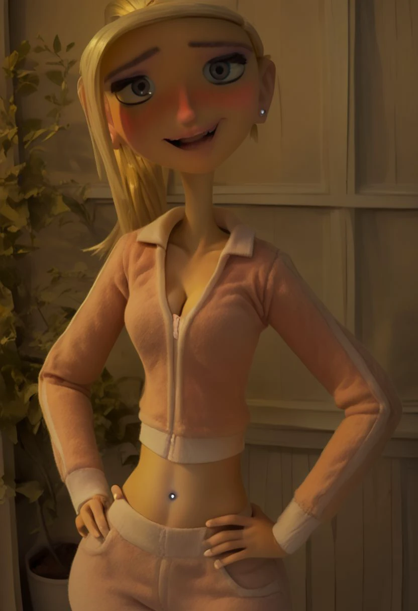 girl, solo, penny peterson, blonde hair, hairband, blue eyes, , smiling, one eye closed, full of detail, on a beach, cinematic lighting) (dynamic lighting), best quality, naked, showing pussy , wearing nothing