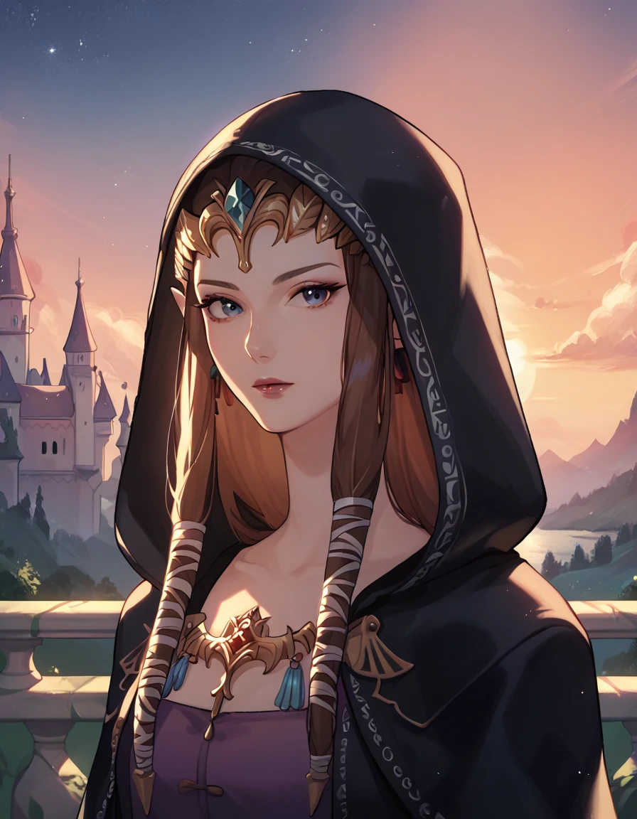 score_9, score_8_up, score_7_up, score_8, score_7, 1girl, tpzlda, hooded cloak, black cloak, hood, hood up, 
castle, upper body, scenery, sunset, dusk, mature female, makeup, looking at viewer, night,
 <lora:tp_zelda_tpzlda_ponyxl_v1:0.9>