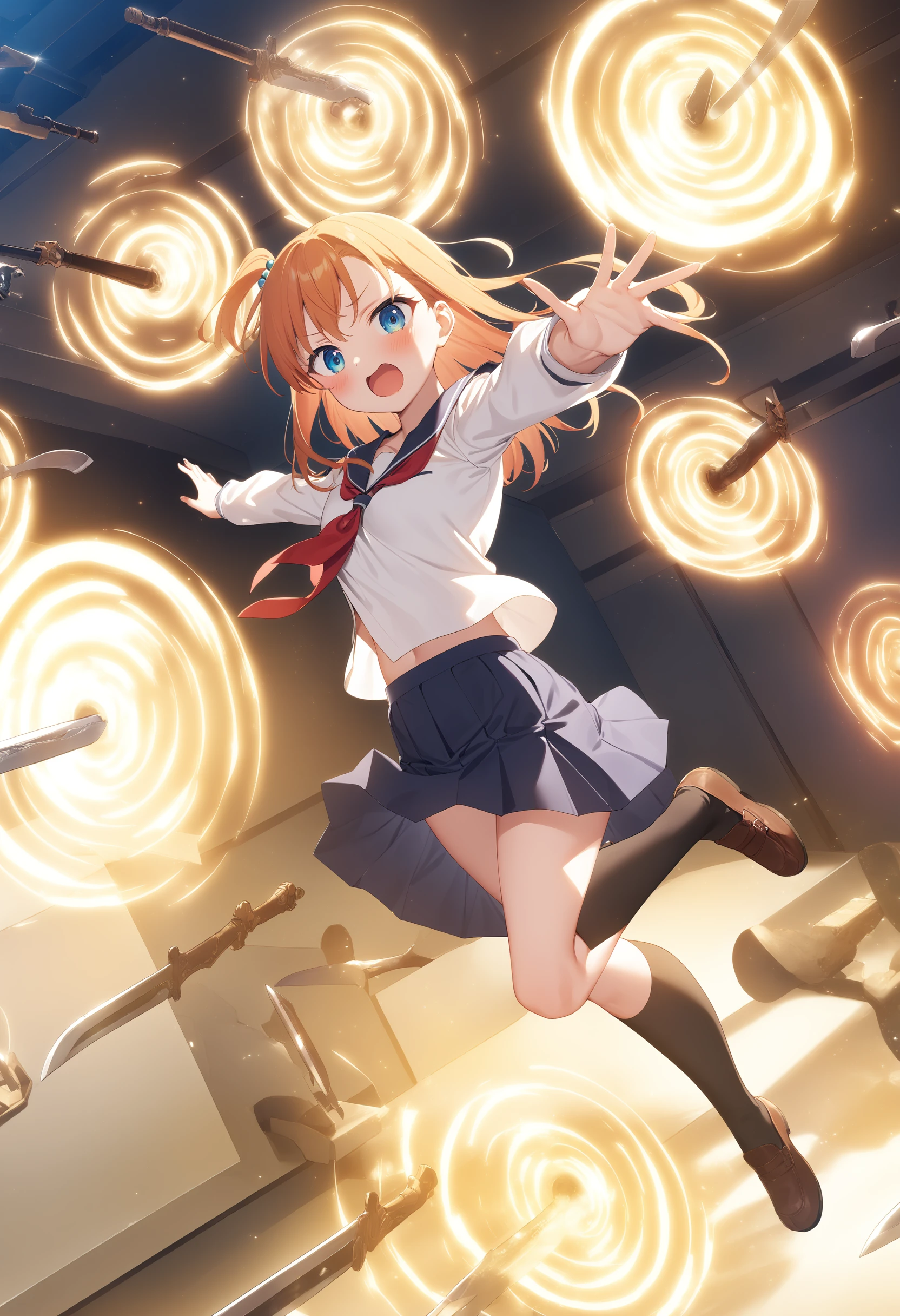 1girl,sincos, ningen mame, toosaka asagi,solo,medium breasts,school uniform,
gate of lon, floating sword, multiple weapons,glowing,<lora:gateofbabylon_XL_v1:0.7>
ceiling, full body, looking at viewer, flustered, on cruisers, open mouth, one side up hair,, orange hair,
best quality, very aesthetic, absurdres,