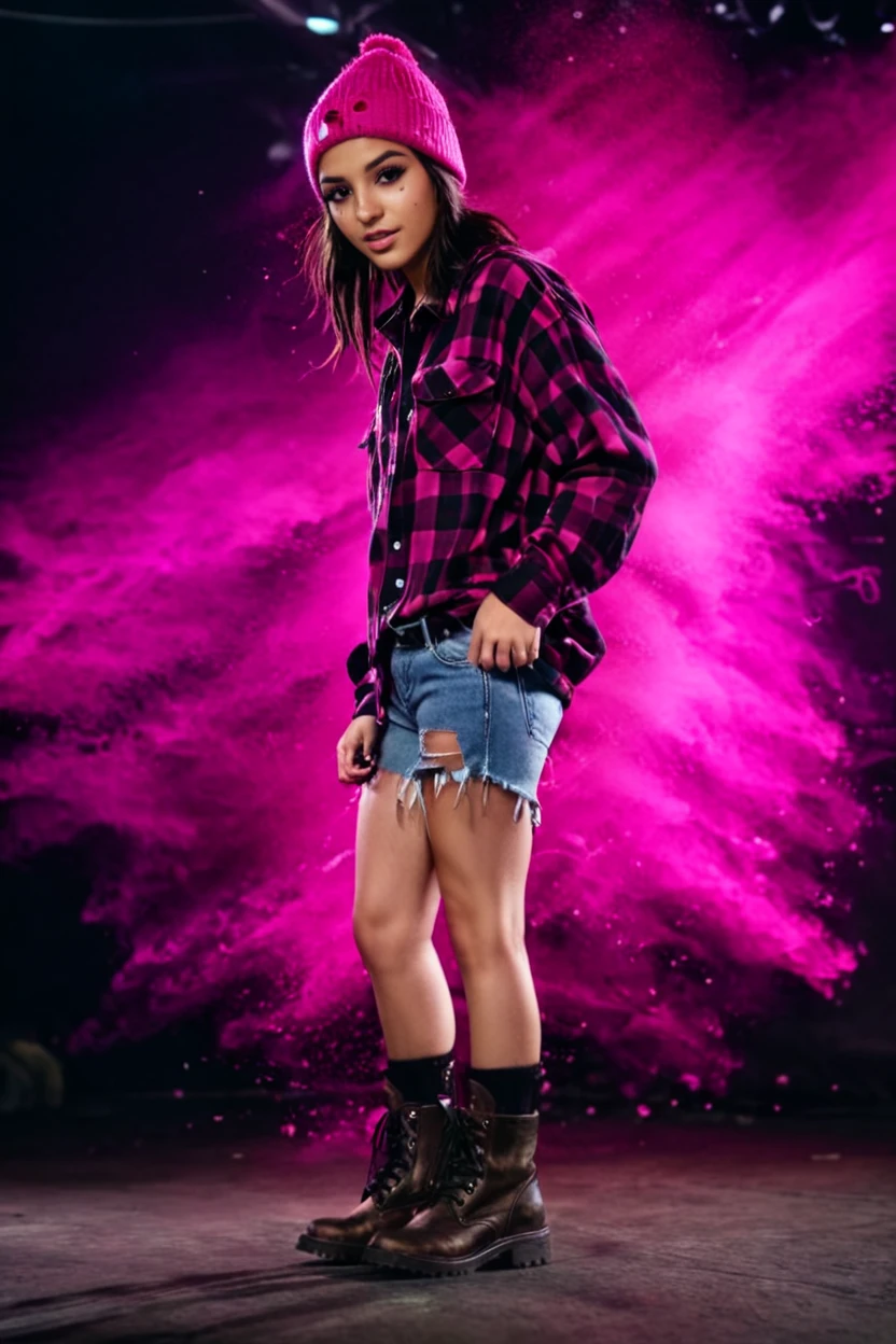 adorable woman jiya in oversized flannel shirt, distressed denim shorts, combat boots, beanie jumping in from side, (fuchsia splash), dark background <lora:colorSplash:1> . 35mm photograph, film, bokeh, professional, shot by brooke shaden, 4k, highly detailed