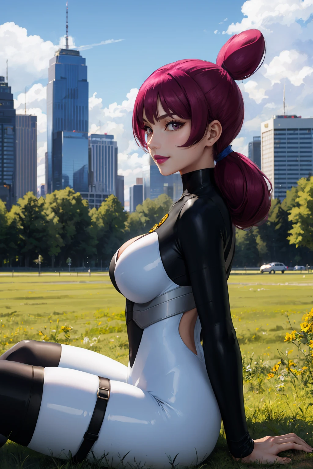 masterpiece, best quality, 1girl, <lora:pkmnjupiter-nvwls-v1:0.9> pkmnJup, purple lipstick, black sleeves, turtleneck, white bodysuit, badge, asymmetrical legwear, large breasts, sitting, from side, on ground, field, blue sky, city, looking at viewer, smile