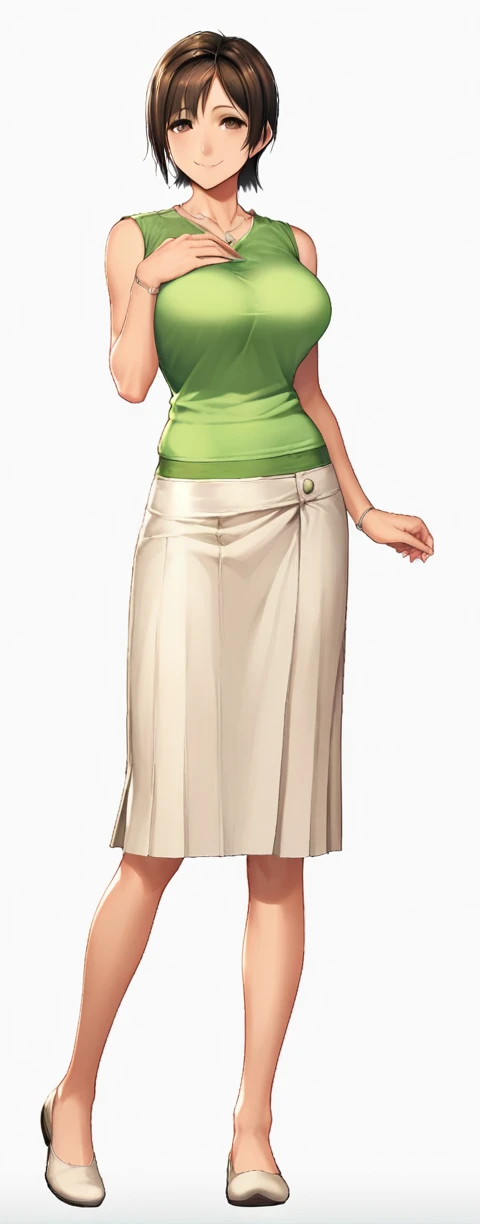 score_9, score_8_up, score_7_up, source_anime, 1girl,
rpkyuko, brown hair, short hair, brown eyes, huge breasts, jewelry, bracelet, necklace, green shirt, white long skirt,<lora:KiryuYuko-PonyV1-000010:0.8>
hand on own chest, simple background, smile, solo, standing, white background
