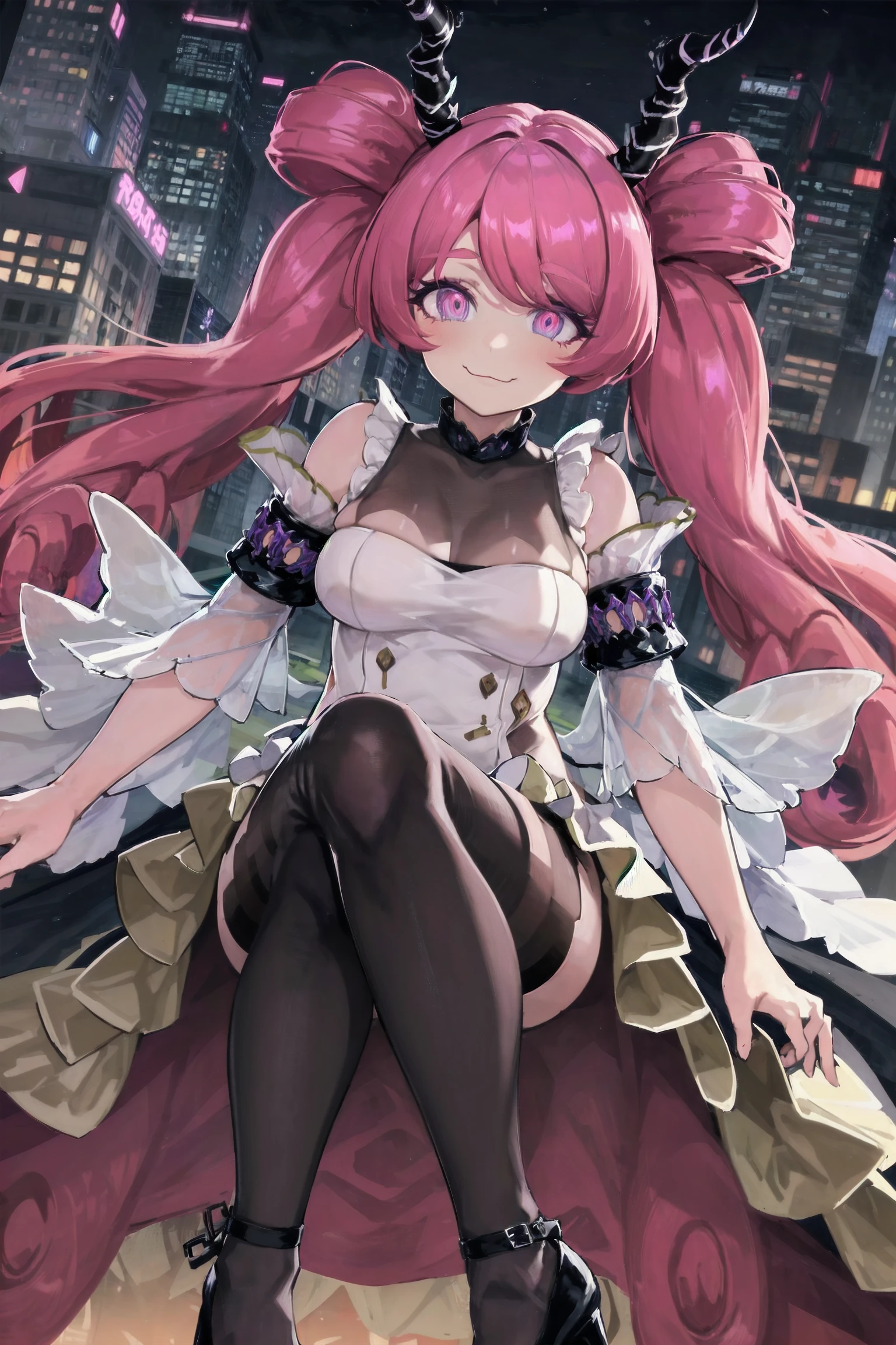 absurdres, high detail, uhd, floating, sky, city background,
evil smile, :3,
solo, gula, twintails, long hair, dorigin, horns, white dress, frills, bare shoulders, detached sleeves, insect wings, brown thighhighs, black footwear, high heels
<lora:MGCM-gula-t1-000100:0.8>