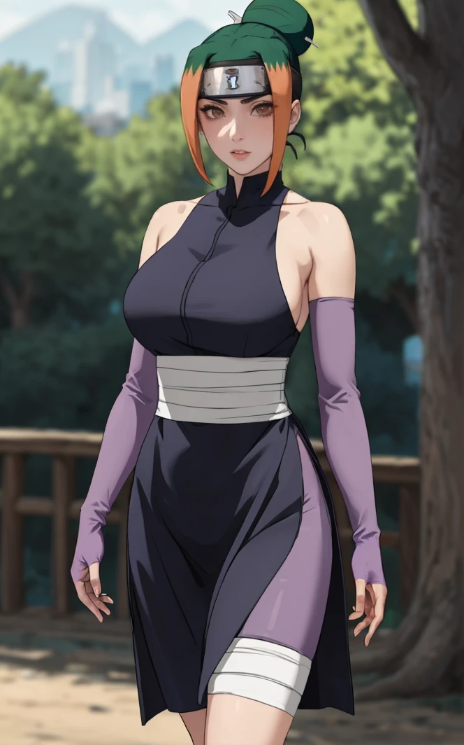 Costum_Kunoichi_Pakura_ownwaifu,
1girl, forehead protector, brown eyes, single hair bun, green hair, orange hair, hair ornament, breasts, large breasts, multicolored hair, collarbone, two-tone hair,
bare shoulders, ninja, elbow gloves, sleeveless, detached sleeves, sarashi, thigh pouch, purple gloves, bandaged leg, impossible clothes,
<lora:NARUTO_Kunoichi_Pakura_ownwaifu:0.7> ,
((masterpiece)),((best quality)),(highres), bokeh, depth_of_field, day, tree shade, sunlight, scenery, architecture, looking at viewer, solo, cowboy shot,