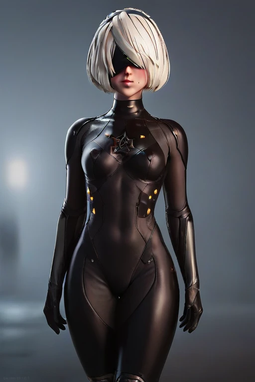 high detail, masterpiece, score_9, score_8_up, score_7_up,  source_anime, 1girl, blushing, Yorha 2B, black bodysuit, matte <lora:2B_StevenCarson:0.5>, flat chest,