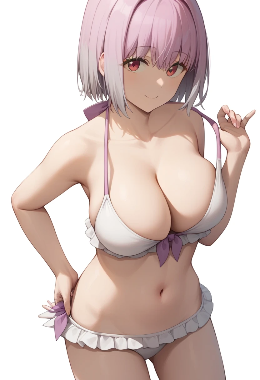 score_9,score_8_up,score_7_up,<lora:shinjou_akane_pony:1>,large_breasts, adjusting_swimsuit, solo, white_bikini, white_background, shinjou_akane, collarbone, absurdres, 1girl, highres, frilled_bikini, looking_at_viewer, smartphone, cleavage, navel, smile, simple_background