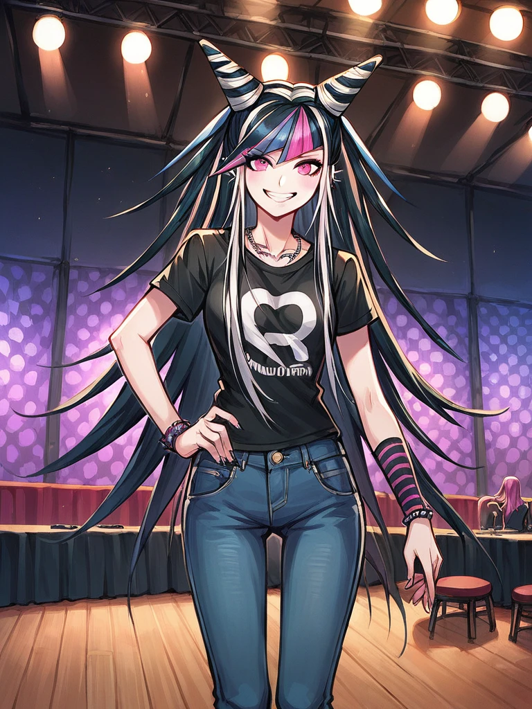 score_9, score_8_up, score_7_up, 1girl, Mioda Ibuki, black hair, blue hair, pink hair, white hair, very long hair, hair horns, pink eyes,

black t-shirt, jeans, 

indoors, club, music venue, stage, standing, smile, looking at viewer, 