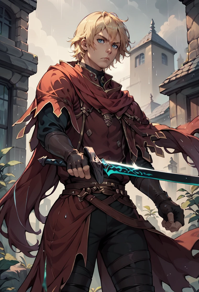 score_9, score_8_up, score_7_up, 1boy, solo, looking at you, serious, holding sword, fighting stance, <lora:StockeRH-pdxl:1> stockeRH, red capelet, fingerless gloves, belt, pants, boots, outdoors, rain