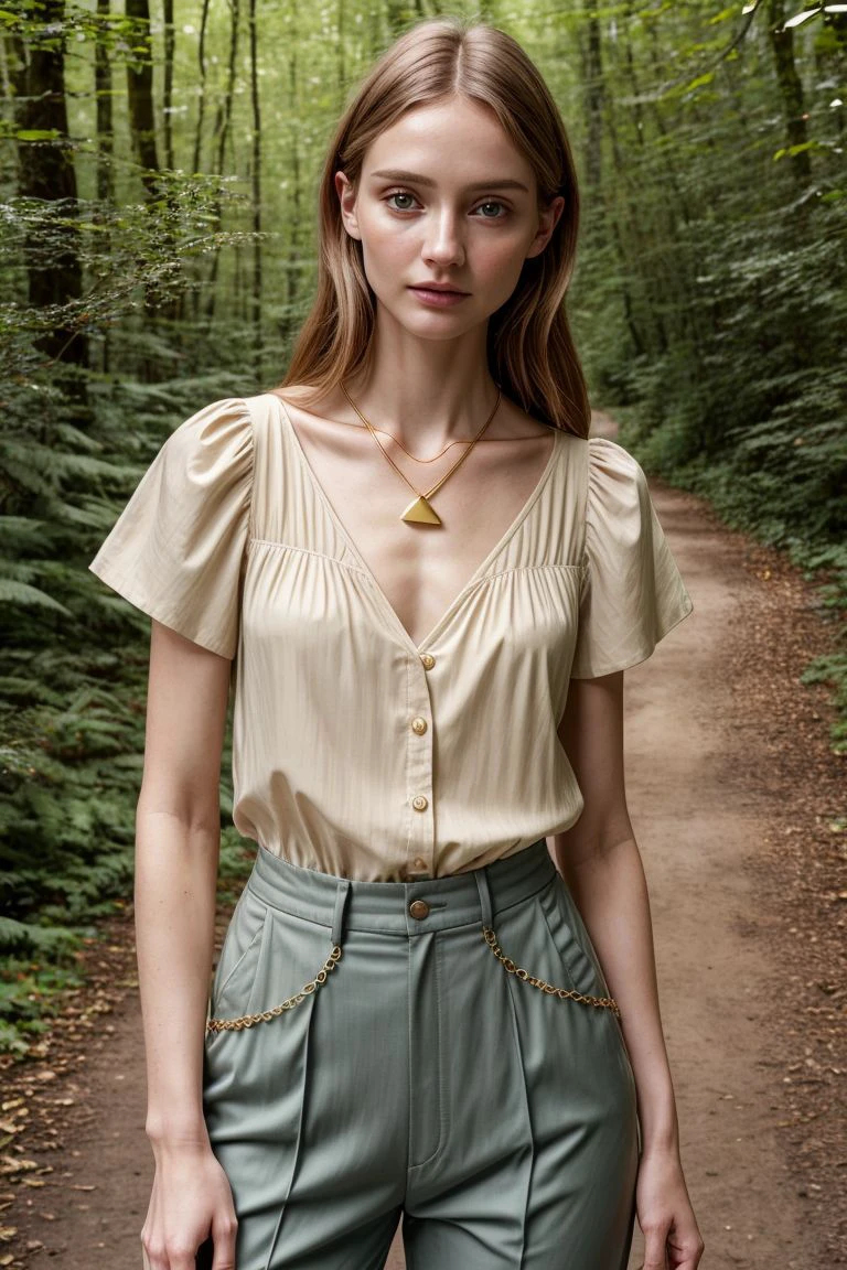 European woman, closeup, (shirt), pants, (bridge in the woods), gold necklace , ZM_whitney, wide shoulders, perfect face, (contact iris: 1.1), pale skin, skin pores , depth of field