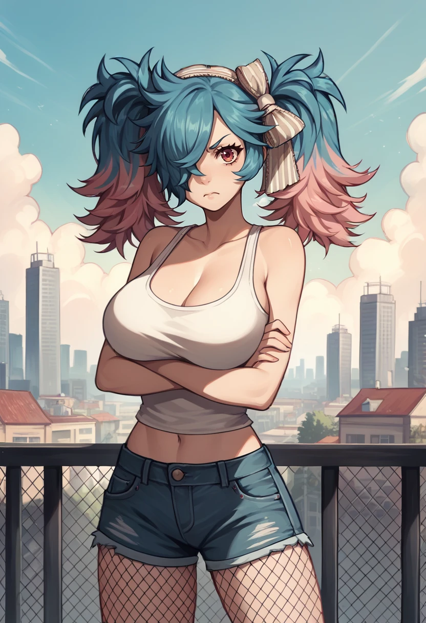 score_9, score_8_up, score_7_up, source_anime, BREAK, 1girl, solo, cowboy shot, looking at you, frown, crossed arms, <lora:PeriFE-pdxl:1> rndPeri, multicolored hair, twintails, hair over one eye, hair ribbon, white tank top, big breasts, cleavage, midriff, denim shorts, fishnets, outdoors, sky, cloud, city