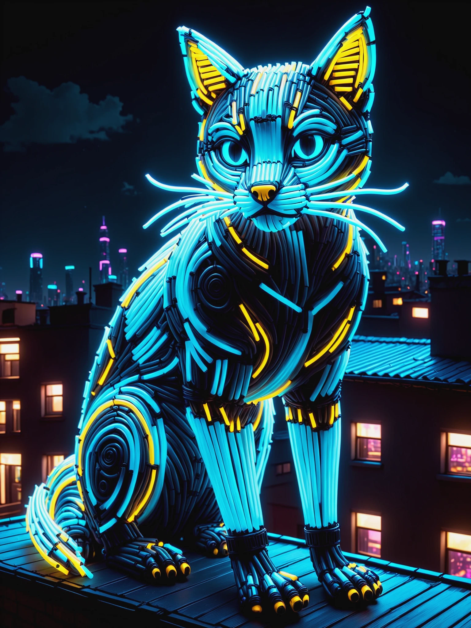 cat made of mad-glowstick on roof top, cyberpunk, night sky, <lora:Glowstick_SDXL:0.8>, (masterpiece:1.2), best quality, (hyperdetailed, highest detailed:1.2), high resolution textures