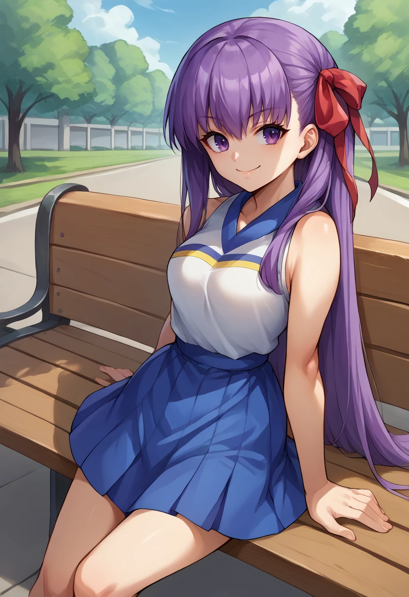 score_9, score_8_up, source_anime, 1girl, solo, BBFate, purple eyes, long hair, purple hair, hair ribbon, red ribbon, HaruCheerUniform, sleeveless, blue skirt, smile, on bench, outdoors, <lora:ChamHaruCheerUniformPonyXL:1>, <lora:ChamBBFatePonyXL:1>