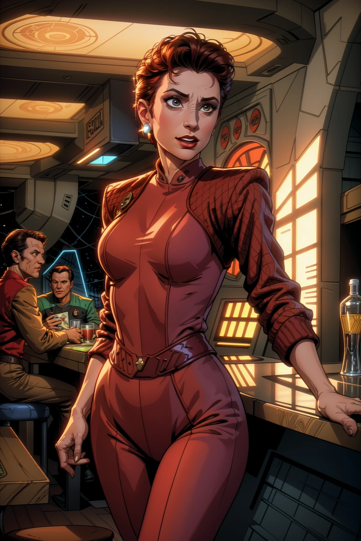An amazing illustration of kiranerys at a science fiction bar, ds9background , dark, mood lighting, reduniform, comic book style, flat colors, flat shading <lora:kiranerys:0.9>
