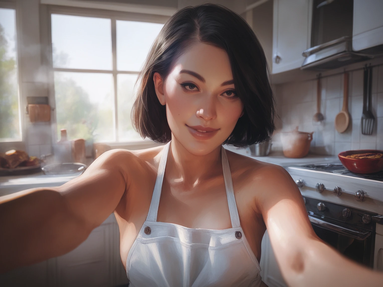score_8_up, score_7_up, pov selfie, portrait of beautiful woman in white apron, seductive smile, bare shoulders, short black bob hair, kitchen, window, steam, <lora:sxz-mendoza-smol-v2-pdxl:0.8> mendoza style, realistic