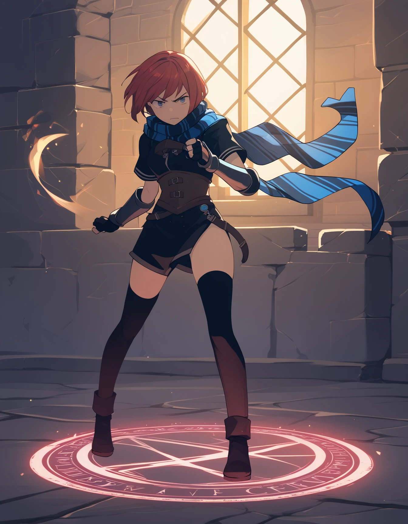 score_9, score_8_up, score_7_up <lora:nel-zelpher-ponyxl:1> nel zelpher, black dress, short dress, striped scarf, vambraces, fingerless gloves, black thighhighs,
determined look, magic, magic circle, burst of light, dungeon
