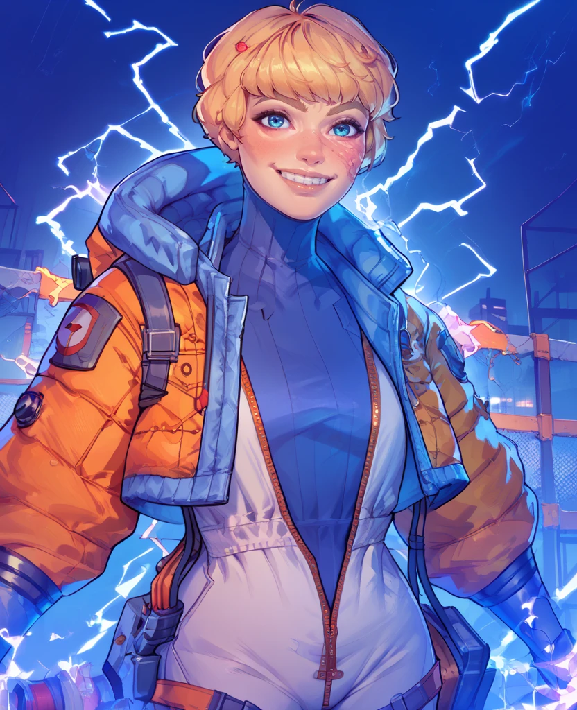 score_9,score_8_up,score_7_up,score_6_up,
wattsonxl,bangs,blue eyes,scar on face,
looking at viewer,
turtleneck,white Jumpsuit,orange jacket,
smile, teeth, 
cyberpunk,electricity,electric fence,<lora:wattson:1>,